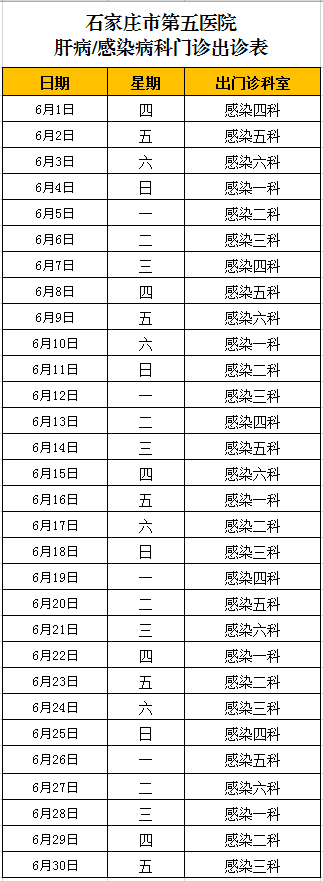 2023年6月份肝病/感染病科門診出診表