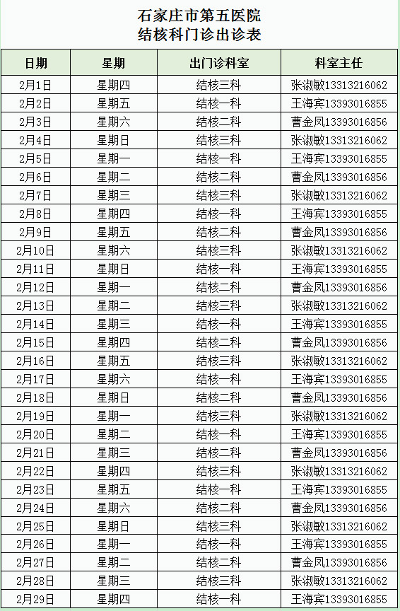 2024年2月份結核科門診出診表