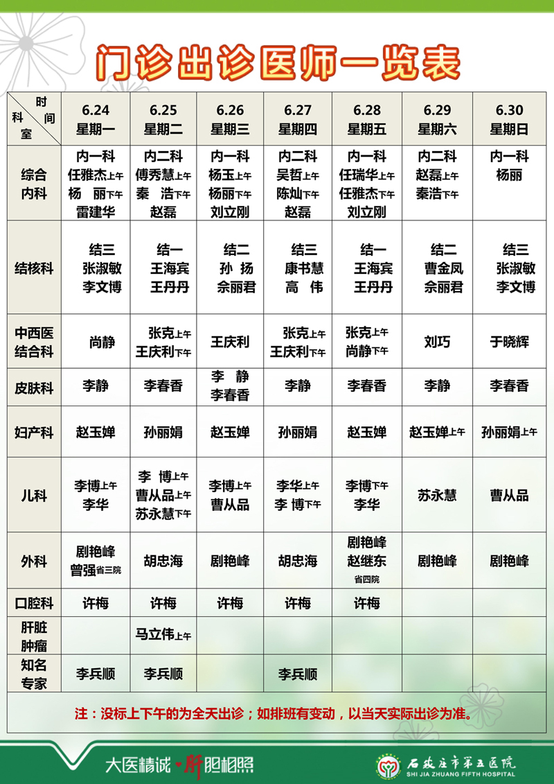 2024年6月17日—6月23日 門(mén)診出診醫(yī)師一覽表